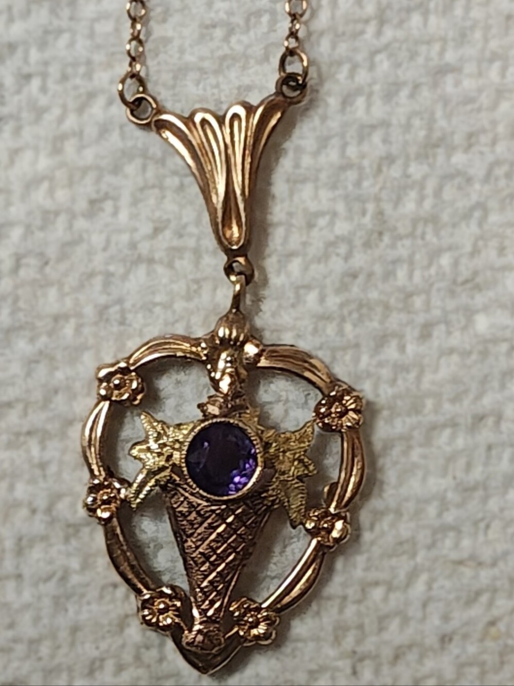 Antique 10K Gold Edwardian Amethyst Lavalier Necklace Two Tone Rose Yellow 2.36g